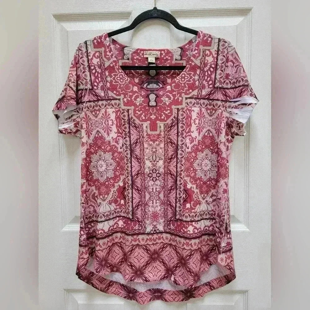 World Unity Women's Boho Short Sleeve Blouse Size XL